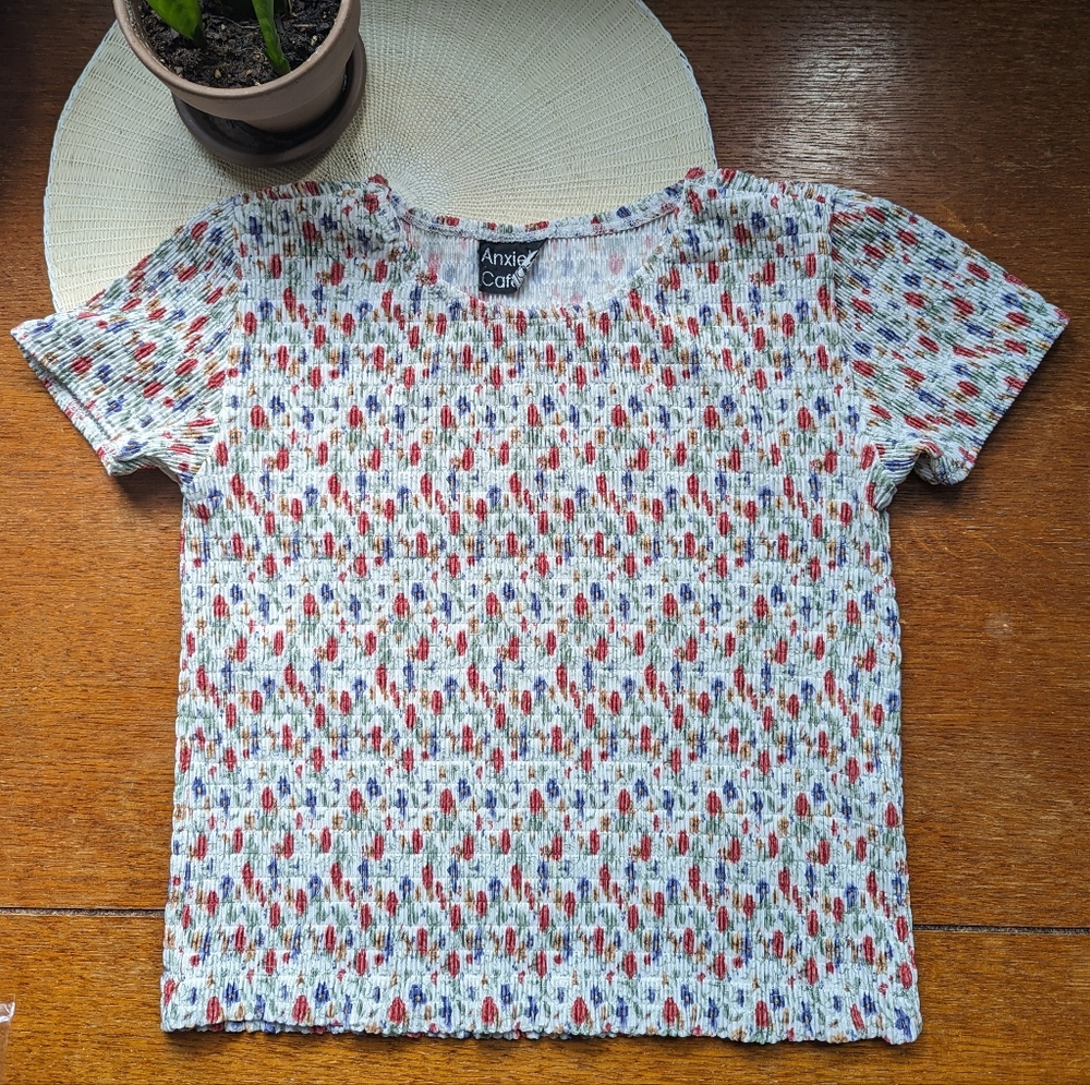 Vintage Anxiety Cafe shirt with cute floral pattern